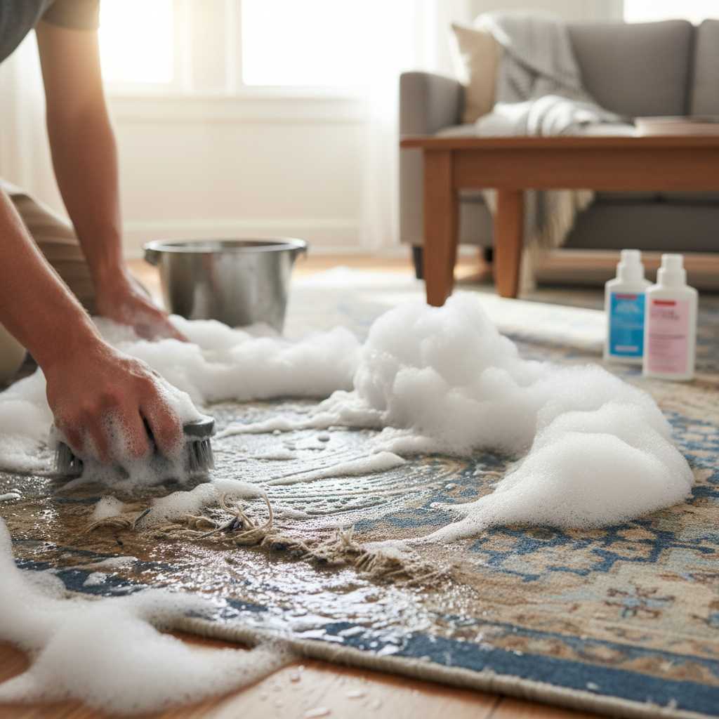 orang sedang cuci karpet sendiri